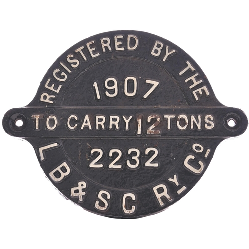 64 - A London, Brighton and South Coast Railway wagon registration plate, 12 TONS, 2232, 1907. Cast iron,... 