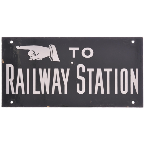 94 - A direction sign, TO RAILWAY STATION, double-sided with pointing hand, enamel, 14