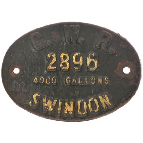 403 - A tenderplate, G.W.R. 2896, 4000 GALLONS, SWINDON, from a Standard Collett tender, part of Lot A170 ... 