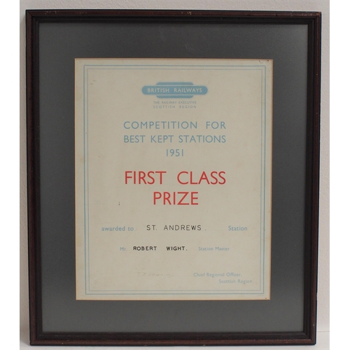 526 - British Railways (Scottish) framed & glazed Best Kept Station certificate 1951 awarded to Sty Andrew... 