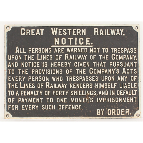 540 - Reproduction Great Western Railway C/I trespass notice , 28 1/2