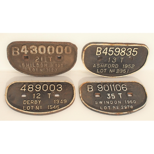 554 - British Railways D wagon plates - B430000 21T Shildon, B459835 13T Ashford 1952, B901106 35T Swindon... 