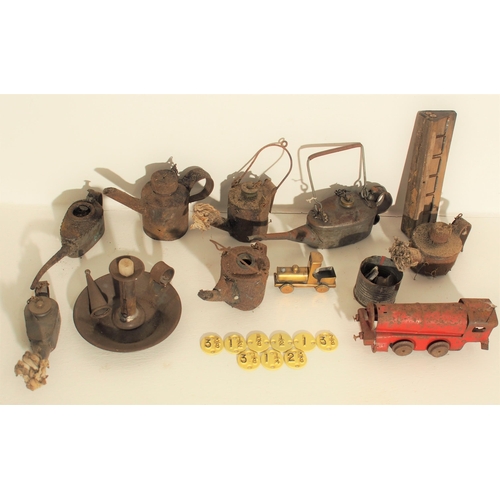 575 - Miscellaneous small items - LNER pump oil can, other, flare lamps, track marker pins, model display ... 