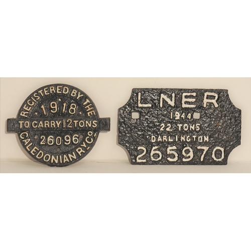 72 - Caledonian Railway C/I wagon registration plate 26096 of 1918 12T, LNER pressed steel wagonplate Dar... 