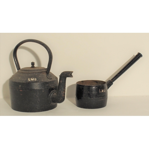 91 - London Midland & Scottish Railway C/I No 4 8 Pints kettle complete with lid, LMS C/I saucepan only 5... 