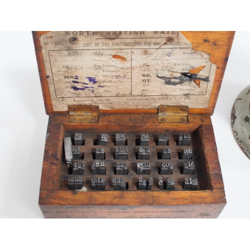 108 - Waterlow & Sons C/I ticket dating press, box of typeset, bottles of ink. (Dispatch by Mailboxes/Coll... 