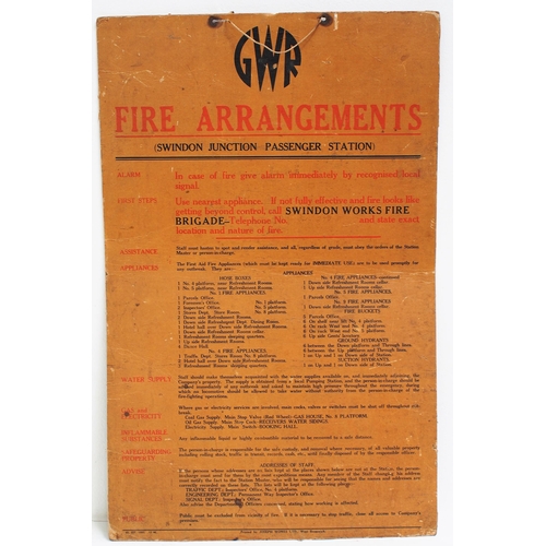 224 - Great Western Railway hanging card Fire Arrangements notice from Swindon Junction Passenger Station ... 