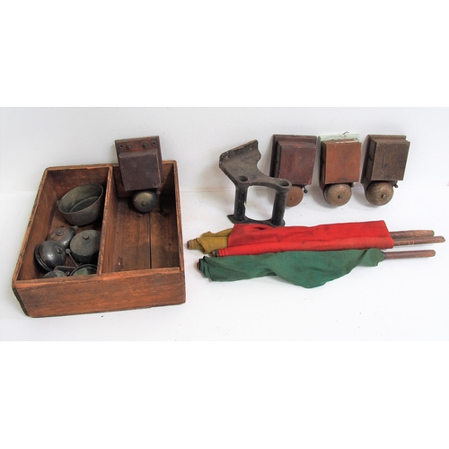 226 - Miscellaneous signal box/instrument fittings - Gents wooden cased wall bells x 4, GWR C/I flag holde... 