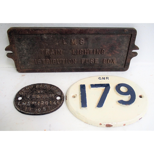 584 - Great Northern Railway C/I bridgeplate, general repair plate & LMS rolling stock lighting box cover.... 