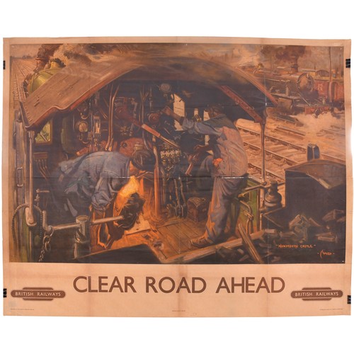 601 - BR (W) quad royal poster, CLEAR ROAD AHEAD, by Cuneo, A dramatic view of GWR Castle Class locomotive... 