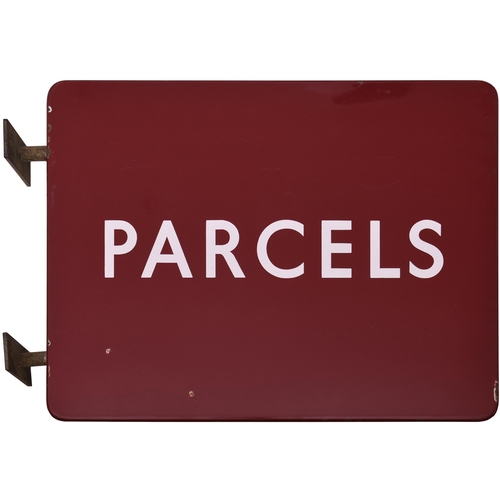 121 - A BR(M) station sign, PARCELS, (f/f) double-sided with bracket, enamel, 24