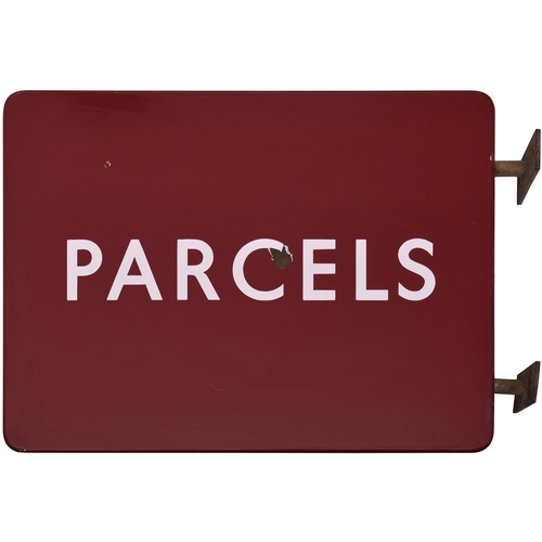 121 - A BR(M) station sign, PARCELS, (f/f) double-sided with bracket, enamel, 24