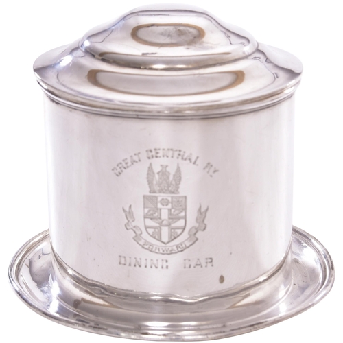 123 - A Great Central Railway Dining Cars biscuit barrel, by Walker and Hall, silver plate, height 6½