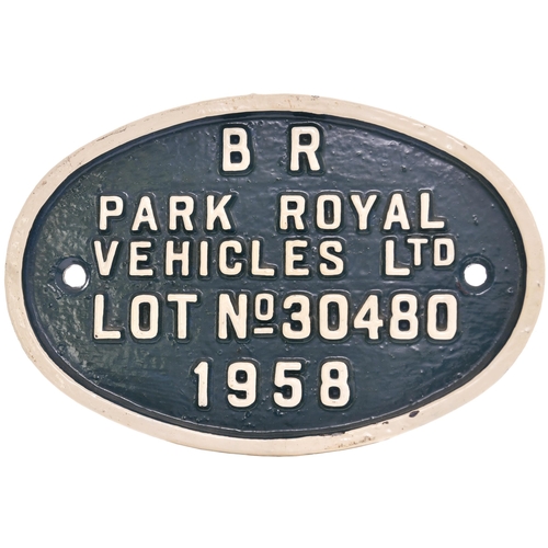 128 - A worksplate, BR PARK ROYAL VEHICLES LTD LOT No 30480 1958 from a BR first generation 50-seat railbu... 