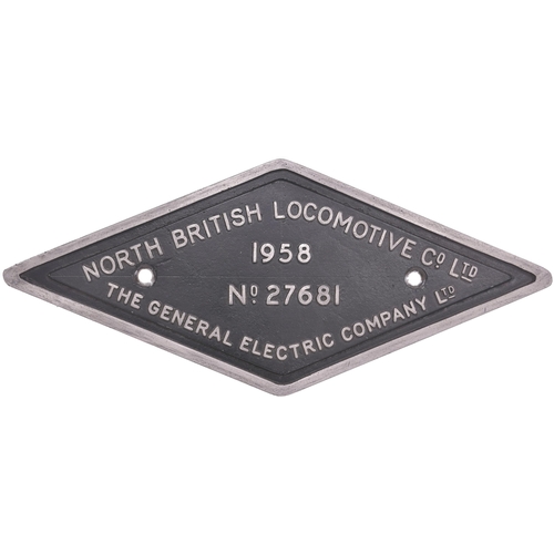 155 - A worksplate, NORTH BRITISH LOCOMOTIVE Co, 27681, 1958, from a BR Class 21 D6100, the first of the c... 