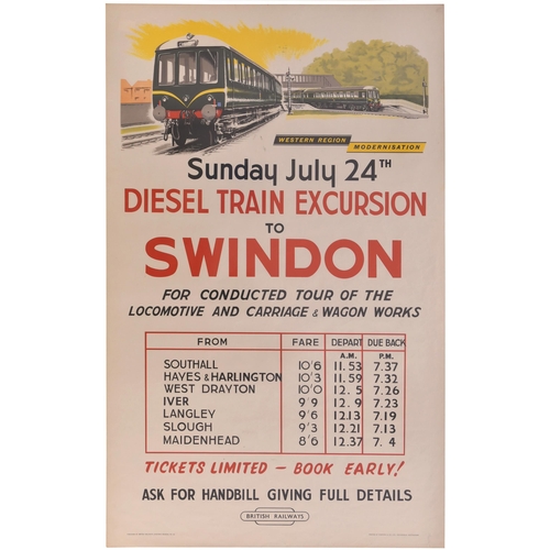 167 - A BR(W) double royal poster, DIESEL TRAIN EXCURSION TO SWINDON FOR WORKS VISIT, by A N Wolstenholme,... 