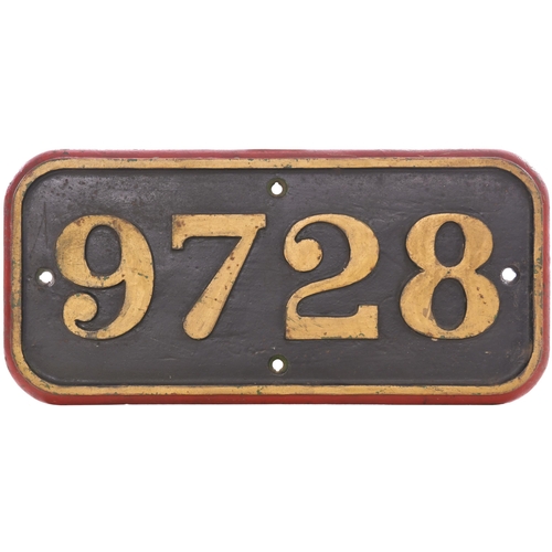 171 - A GWR cabside numberplate, 9728, from an 8750 Class 0-6-0PT built at Swindon in December 1934. A lon... 