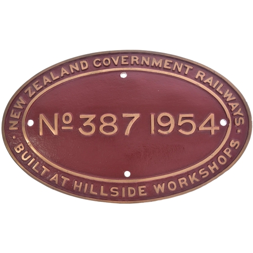 174 - A worksplate, NEW ZEALAND GOVERNMENT RAILWAYS, BUILT AT HILLSIDE WORKSHOPS, No 387. 1954, from a NZG... 