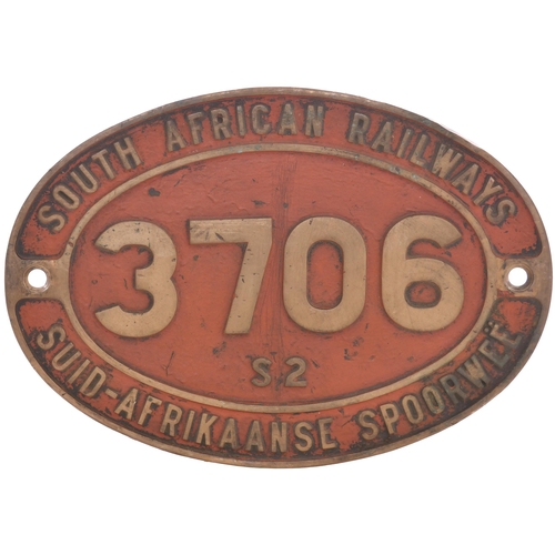 203 - A South African Railways cabside numberplate, 3706, from a 3ft 6ins gauge Class S2 0-8-0 built by Kr... 