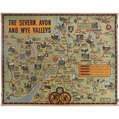 211 - A GWR and LMS quad royal poster, THE SEVERN, AVON & WYE VALLEYS, by J P Sayer, a pictorial map exten... 