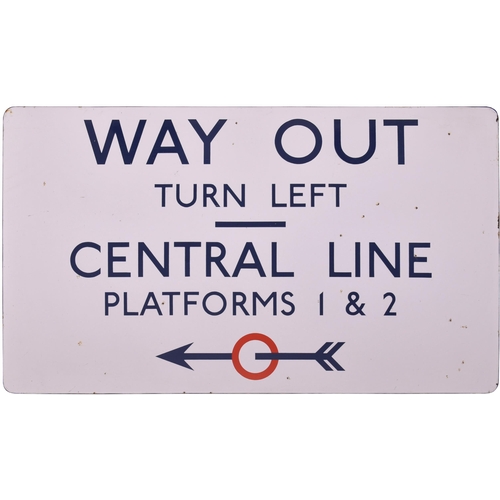 224 - An LT direction sign, WAY OUT, TURN LEFT, CENTRAL LINE, PLATFORMS 1 & 2, with pre-war arrow and circ... 