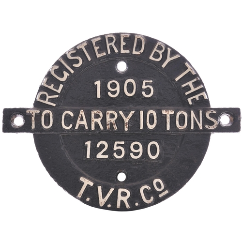 264 - A Taff Vale Railway wagon registration plate, TVR Co, 12590, 1905. Cast iron, 8¼