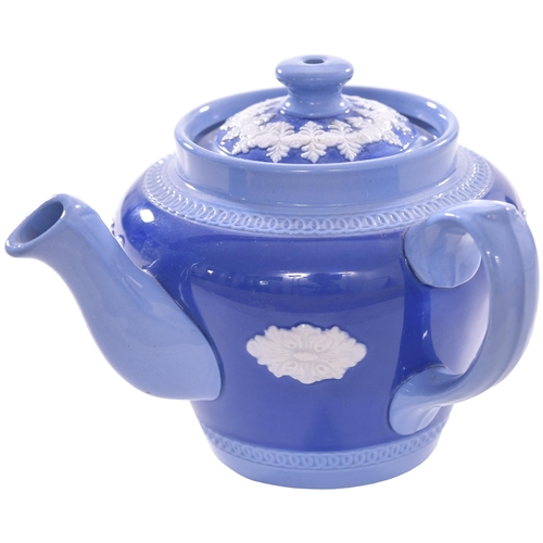 336 - An LNER teapot with side spout, Wedgwood pattern, light and dark blue, china, height 4