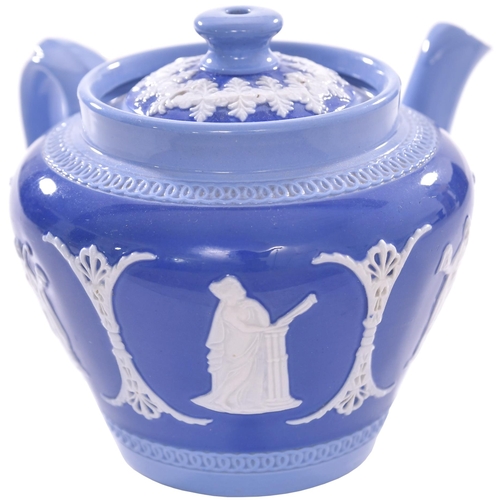 336 - An LNER teapot with side spout, Wedgwood pattern, light and dark blue, china, height 4