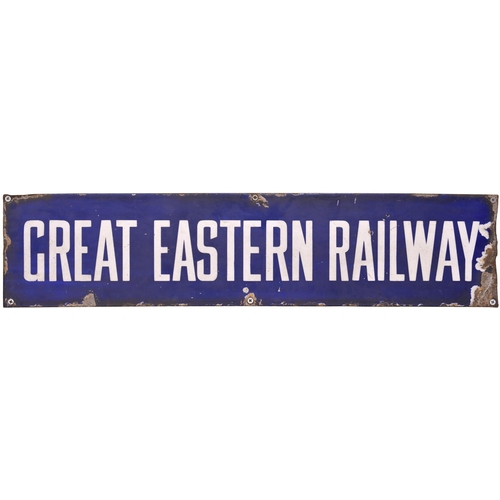 A GER poster board header, GREAT EASTERN RY, edge chipping restored and restoration to the tenth letter and the edges of those either side, good colour, loss of shine, a rare survivor. (Dispatch by Mailboxes/Collect from Banbury Depot)