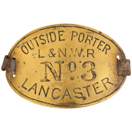 348 - An armband, OUTSIDE PORTER No 3, LANCASTER, used at Lancaster Castle station. Engraved brass, 5½