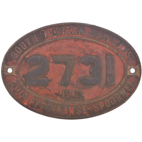 351 - A South African Railways cabside numberplate, 2731, from a 3ft 6ins gauge Class 19D 4-8-2 built by R... 