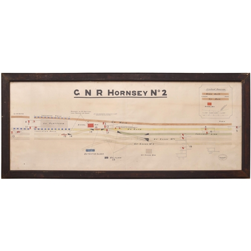 352 - A GNR signal box diagram, HORNSEY No 2, Feb 1920, a fine pre-grouping diagram, hand-coloured and con... 