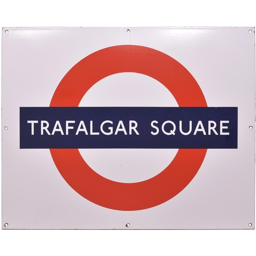 An LT target sign, TRAFALGAR SQUARE. The station is now part of Charing Cross following the construction of the Jubilee Line in the 1970s. A rectangular enamel plate, 28"x2", in excellent condition. (Dispatch by Mailboxes/Collect from Banbury Depot)