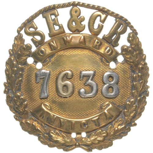 37 - A South Eastern and Chatham Railway cap badge, SE&CR, 7638, ONWARD, INVICTA. Embossed brass, 2¼