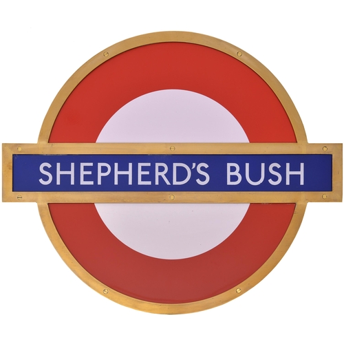 373 - An LT target sign, SHEPHERDS BUSH, from the Central Line. Enamel, with brass frame, 24¼