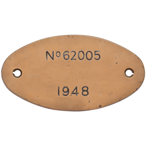 376 - A works numberplate, No 62005, 1948, from a Peppercorn K1 Class 2-6-0 built by the North British Loc... 