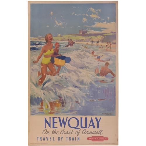 38 - A BR(W) double royal poster, NEWQUAY, by Jack Merriott, a classic beach view with swimmers and surfe... 