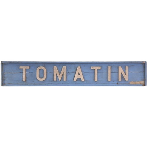 A signal box nameboard, TOMATIN, from the Perth to Inverness main line, the box situated just north of Schlod Summit. Cast letters on wood, length 61½", replacement beading at the right end and some fills. (Dispatch by Mailboxes/Collect from Banbury Depot)