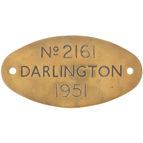 430 - A worksplate, No 2161, DARLINGTON, 1951, from a (LMS) Class 2 2-6-0 No 46469 which spent most of its... 