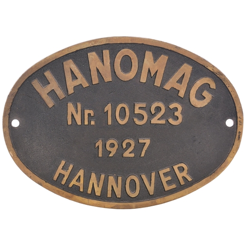 438 - A worksplate, HANOMAG, HANNOVER 1927, 10523, from a South African Railways 3ft 6ins gauge Class GF 4... 