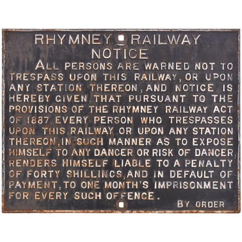 453 - A Rhymney Railway trespass notice, cast iron, 29½