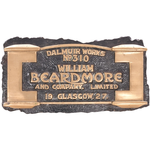 63 - A worksplate, WILLIAM BEARDMORE AND COMPANY LIMITED, No 310, DALMUIR WORKS GLASGOW 1927, from a LNER... 