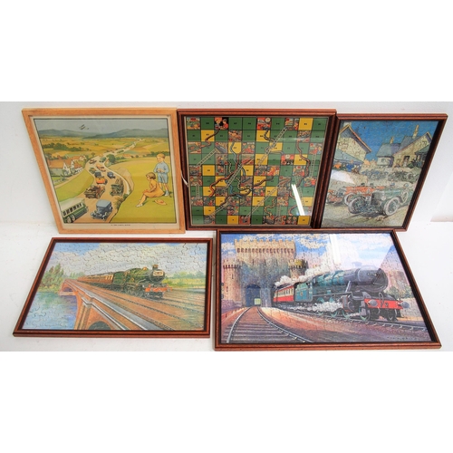 125 - Selection of framed & glazed railway related jigsaw puzzles including GWR Cheltenham Spa Express, & ... 