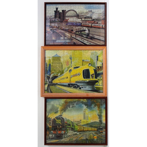 125 - Selection of framed & glazed railway related jigsaw puzzles including GWR Cheltenham Spa Express, & ... 