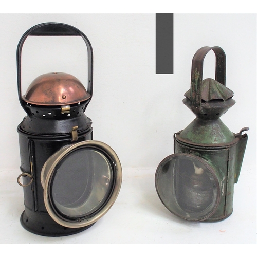 196 - North London Railway copper topped caped 3 aspect handlamp, no reservoir, top is detached from lens ... 