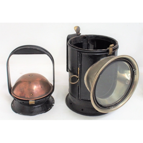 196 - North London Railway copper topped caped 3 aspect handlamp, no reservoir, top is detached from lens ... 