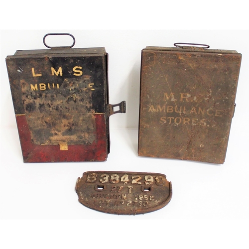 230 - Midland Railway tinplate Ambulance Stores first aid cabinet, LMS same, both rather knocked about, no... 