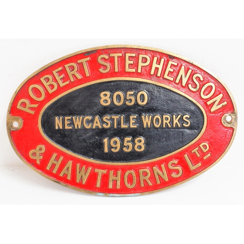 252 - Robert Stephenson & Hawthorns cast brass locomotive worksplate No 8050 of 1958, from No.64 Stewarts ... 