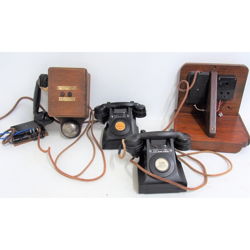 26 - Collection of telephones - two 400 series one with original hardwood shelf, one D type bus line wall... 