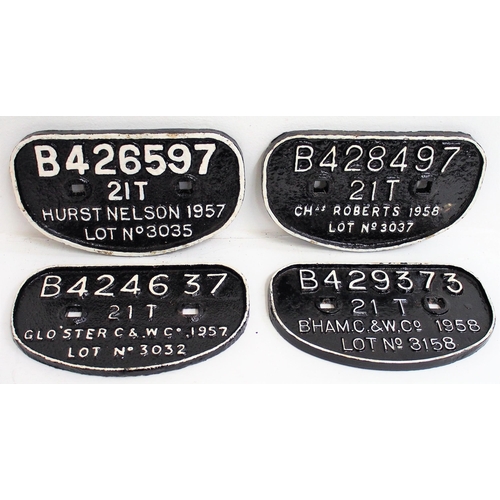 326 - British Railways C/I D wagonplates - B428497 21T 1958, B426597 21T 1957, B424637 21T 1957, B429373 2... 